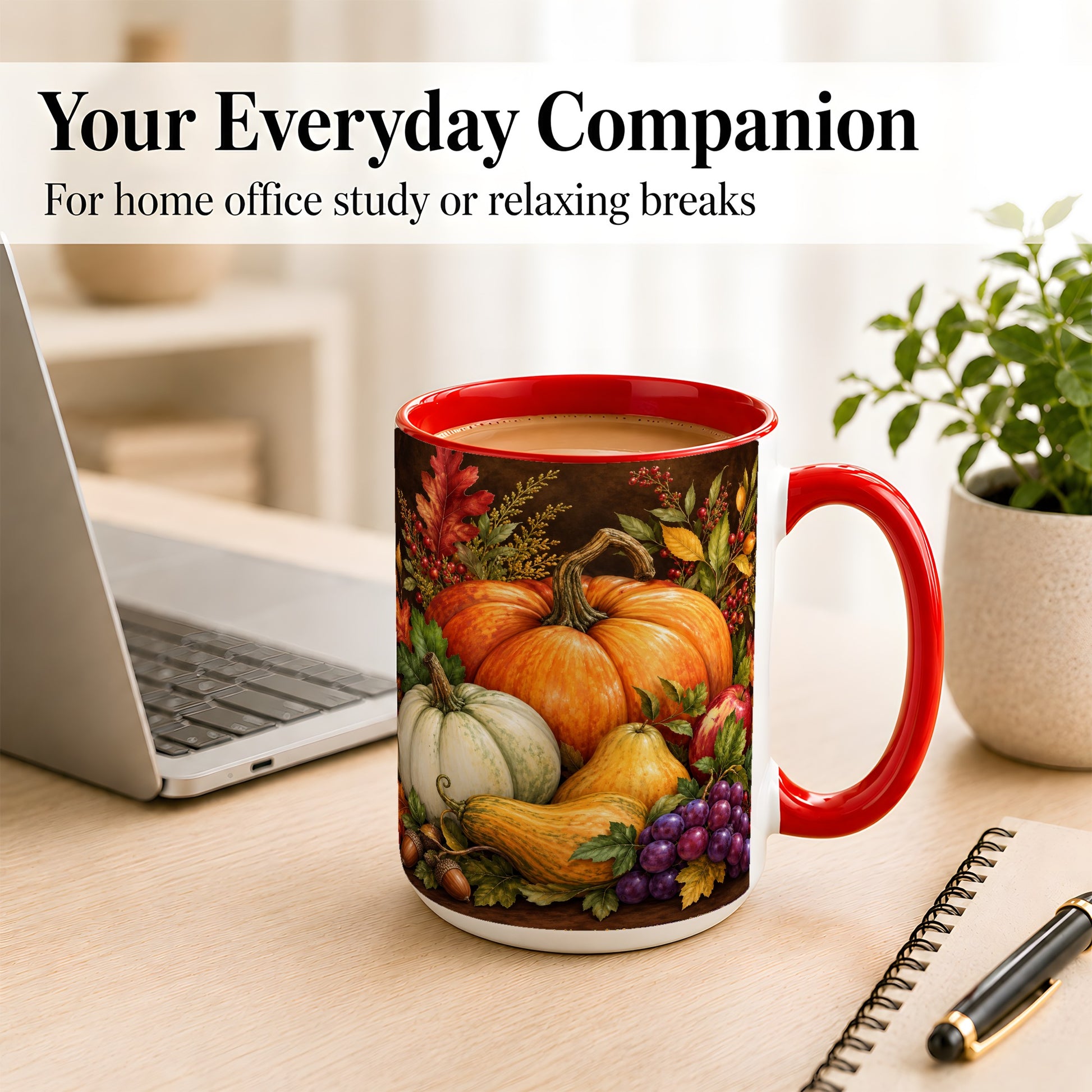 #pl[15oz|Red] Rustic Autumn Harvest Coffee Mug, Pumpkin Foliage Mug, Ceramic Cup
