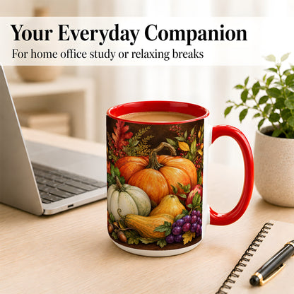 #pl[15oz|Red] Rustic Autumn Harvest Coffee Mug, Pumpkin Foliage Mug, Ceramic Cup