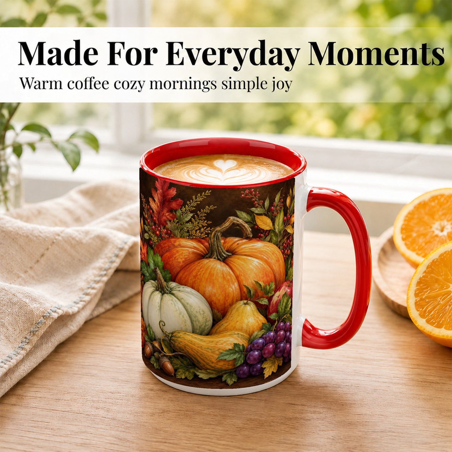 #pl[15oz|Red] Rustic Autumn Harvest Coffee Mug, Pumpkin Foliage Mug, Ceramic Cup