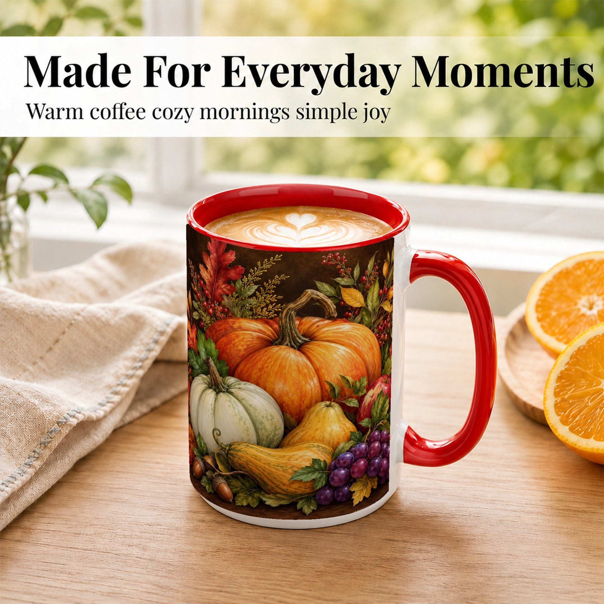 #pl[15oz|Red] Rustic Autumn Harvest Coffee Mug, Pumpkin Foliage Mug, Ceramic Cup
