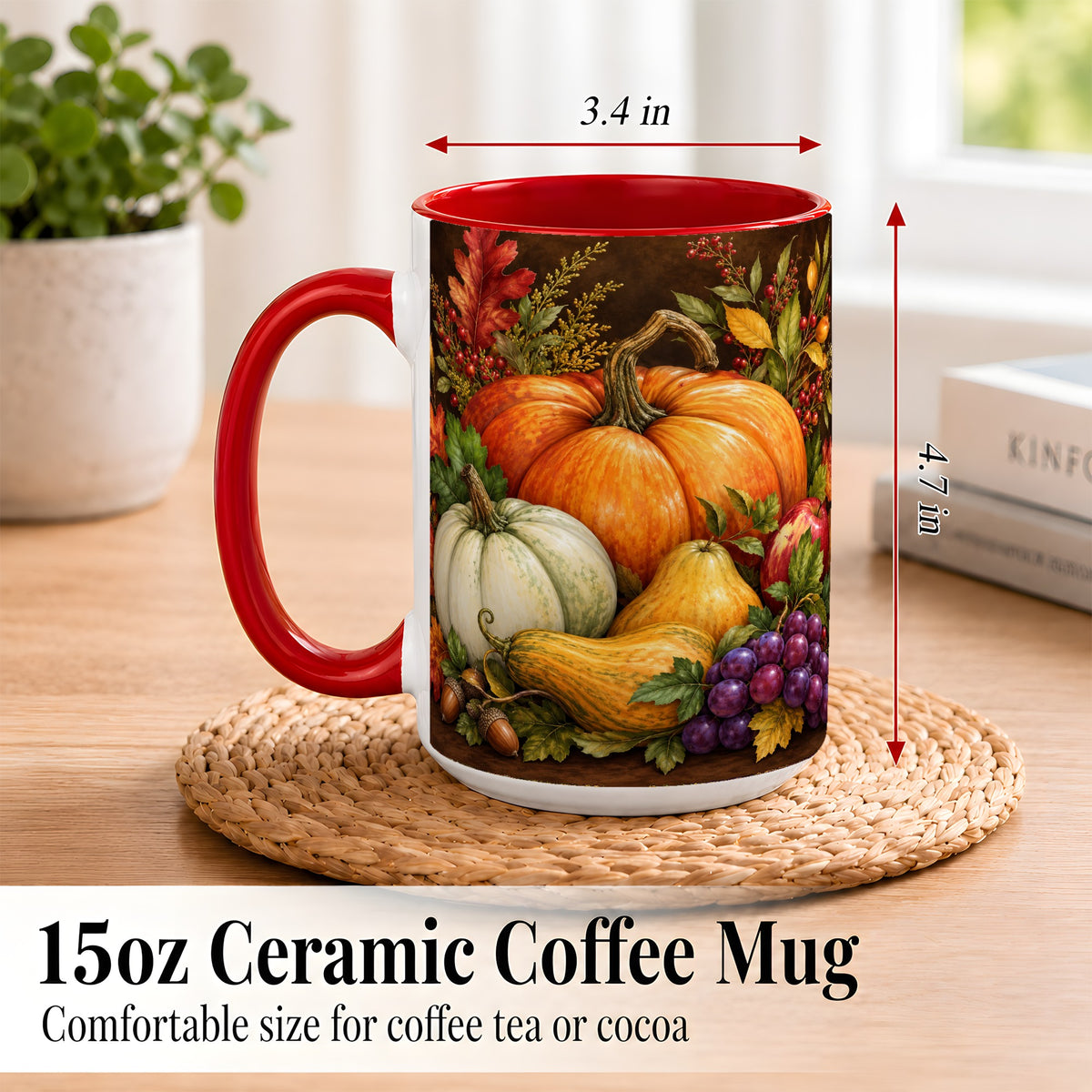 #pl[15oz|Red] Rustic Autumn Harvest Coffee Mug, Pumpkin Foliage Mug, Ceramic Cup