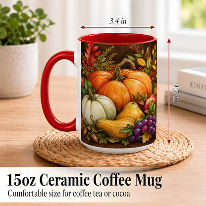 #pl[15oz|Red] Rustic Autumn Harvest Coffee Mug, Pumpkin Foliage Mug, Ceramic Cup