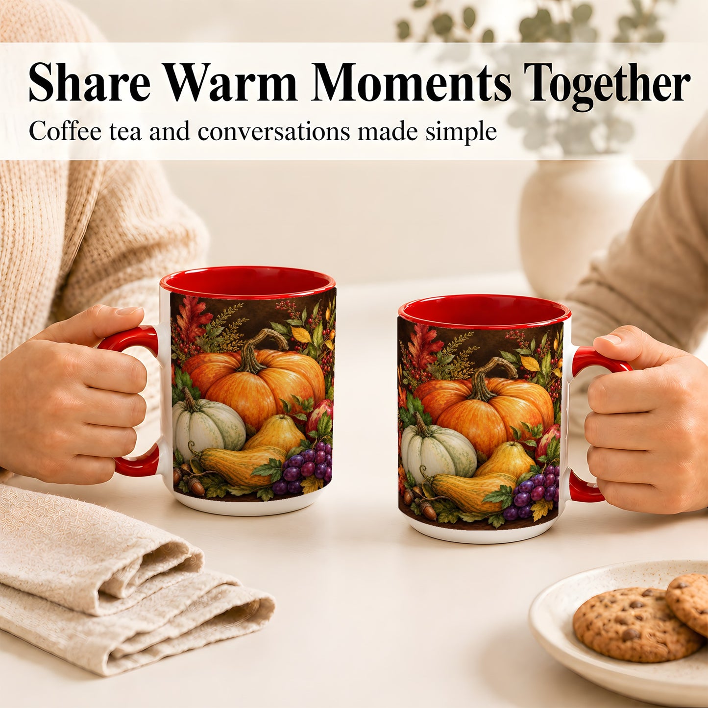 #pl[15oz|Red] Rustic Autumn Harvest Coffee Mug, Pumpkin Foliage Mug, Ceramic Cup