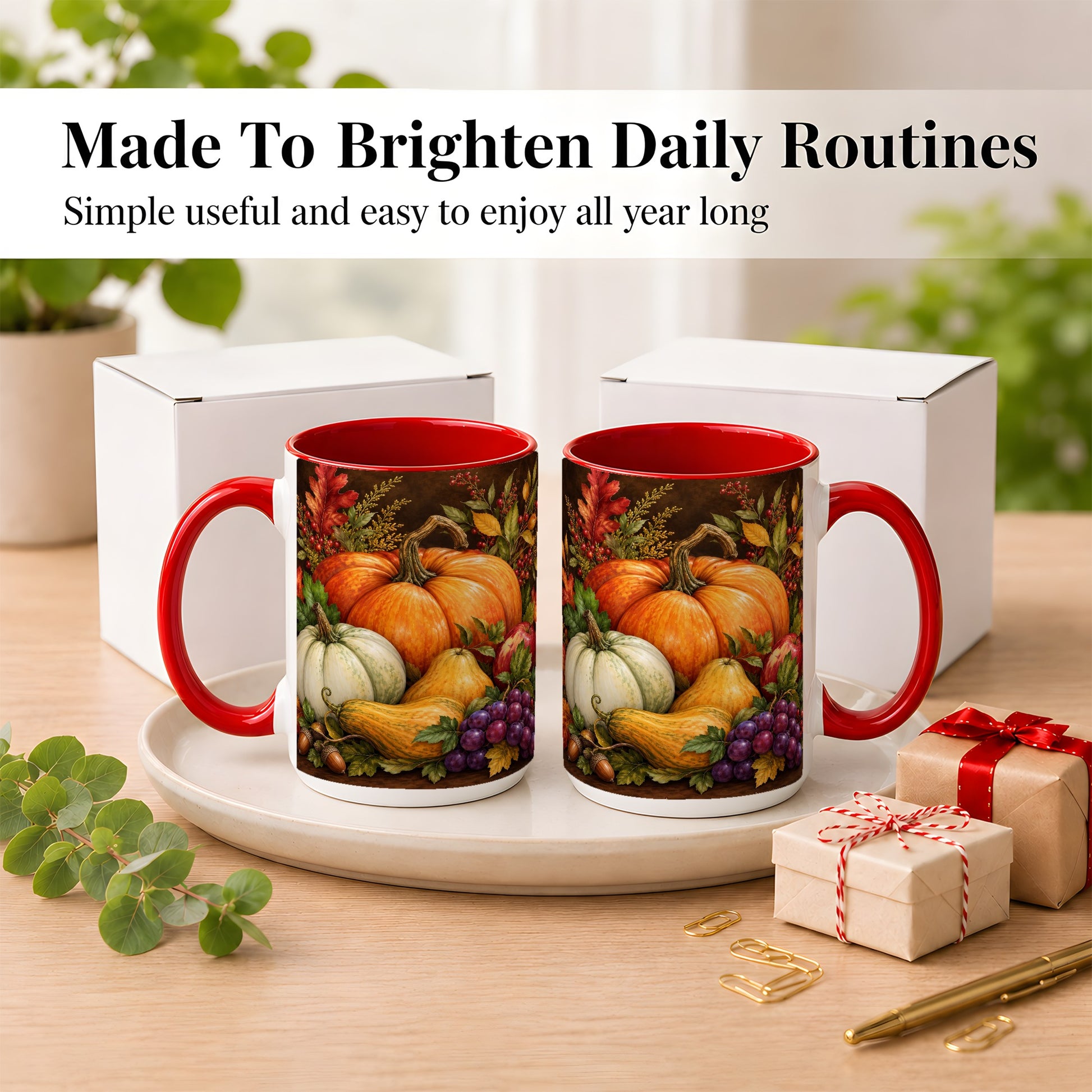#pl[15oz|Red] Rustic Autumn Harvest Coffee Mug, Pumpkin Foliage Mug, Ceramic Cup