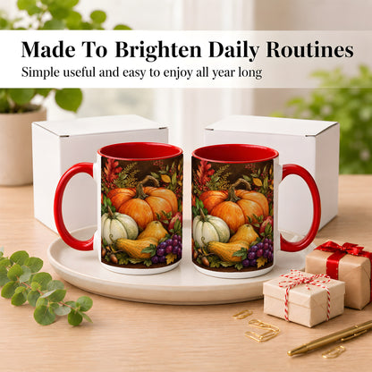 #pl[15oz|Red] Rustic Autumn Harvest Coffee Mug, Pumpkin Foliage Mug, Ceramic Cup