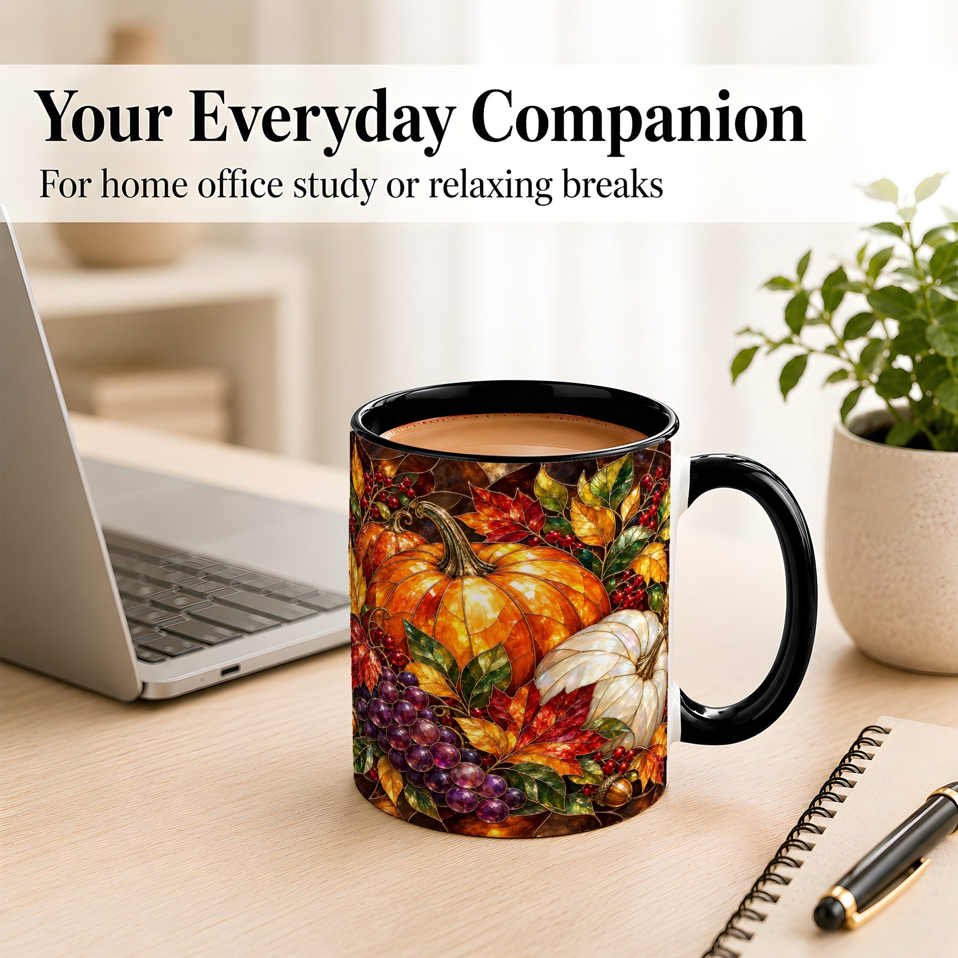 #pl[11oz|Black] Stained Glass Style Pumpkin Coffee Mug, Autumn Harvest Mug, Ceramic Cup