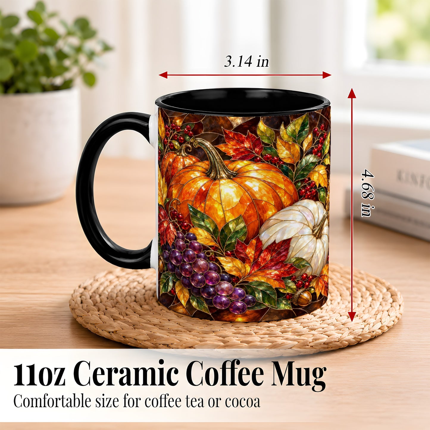 #pl[11oz|Black] Stained Glass Style Pumpkin Coffee Mug, Autumn Harvest Mug, Ceramic Cup