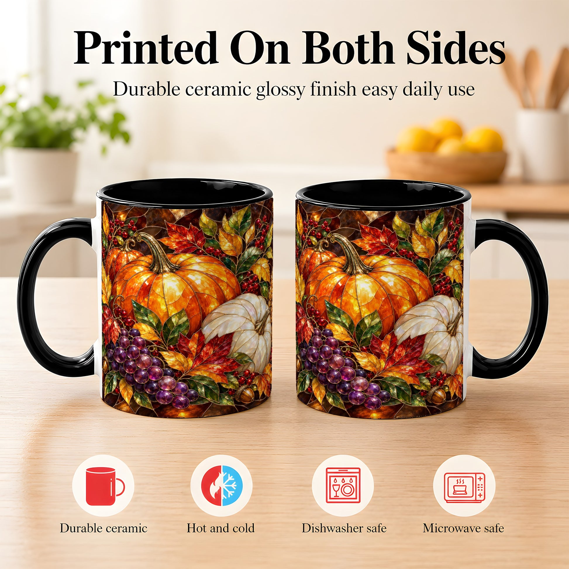 #pl[11oz|Black] Stained Glass Style Pumpkin Coffee Mug, Autumn Harvest Mug, Ceramic Cup