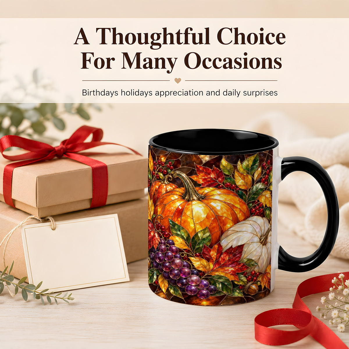 #pl[11oz|Black] Stained Glass Style Pumpkin Coffee Mug, Autumn Harvest Mug, Ceramic Cup