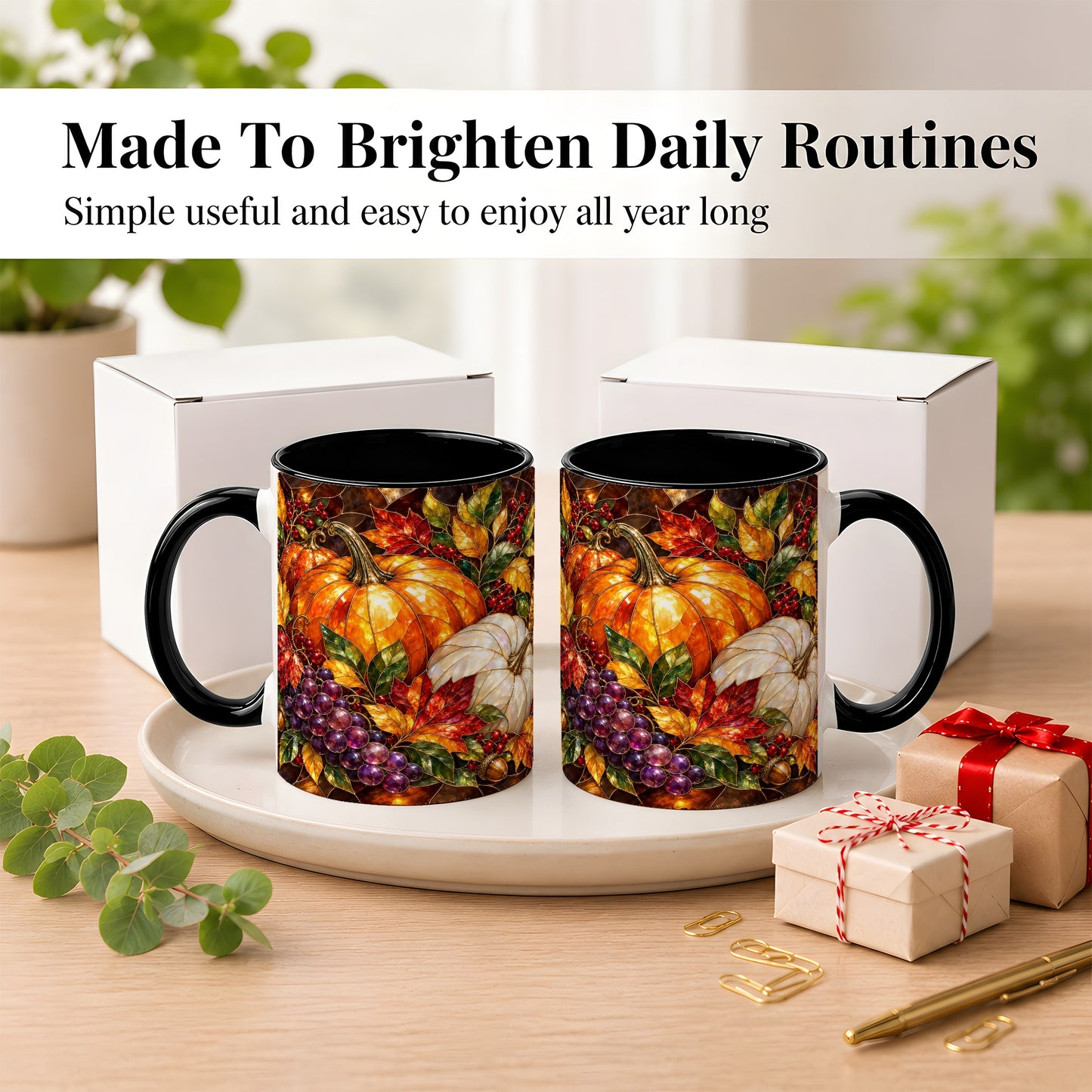 #pl[11oz|Black] Stained Glass Style Pumpkin Coffee Mug, Autumn Harvest Mug, Ceramic Cup