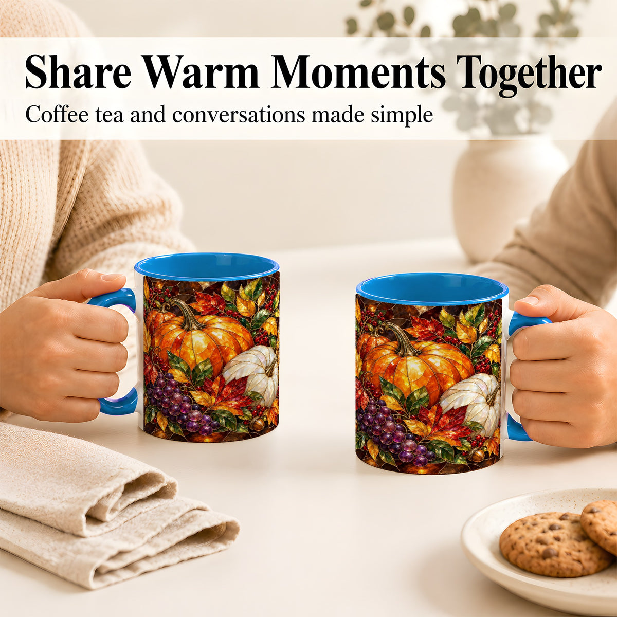 #pl[11oz|Blue] Stained Glass Style Pumpkin Coffee Mug, Autumn Harvest Mug, Ceramic Cup