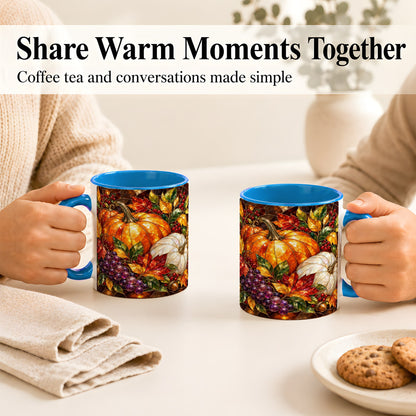 #pl[11oz|Blue] Stained Glass Style Pumpkin Coffee Mug, Autumn Harvest Mug, Ceramic Cup