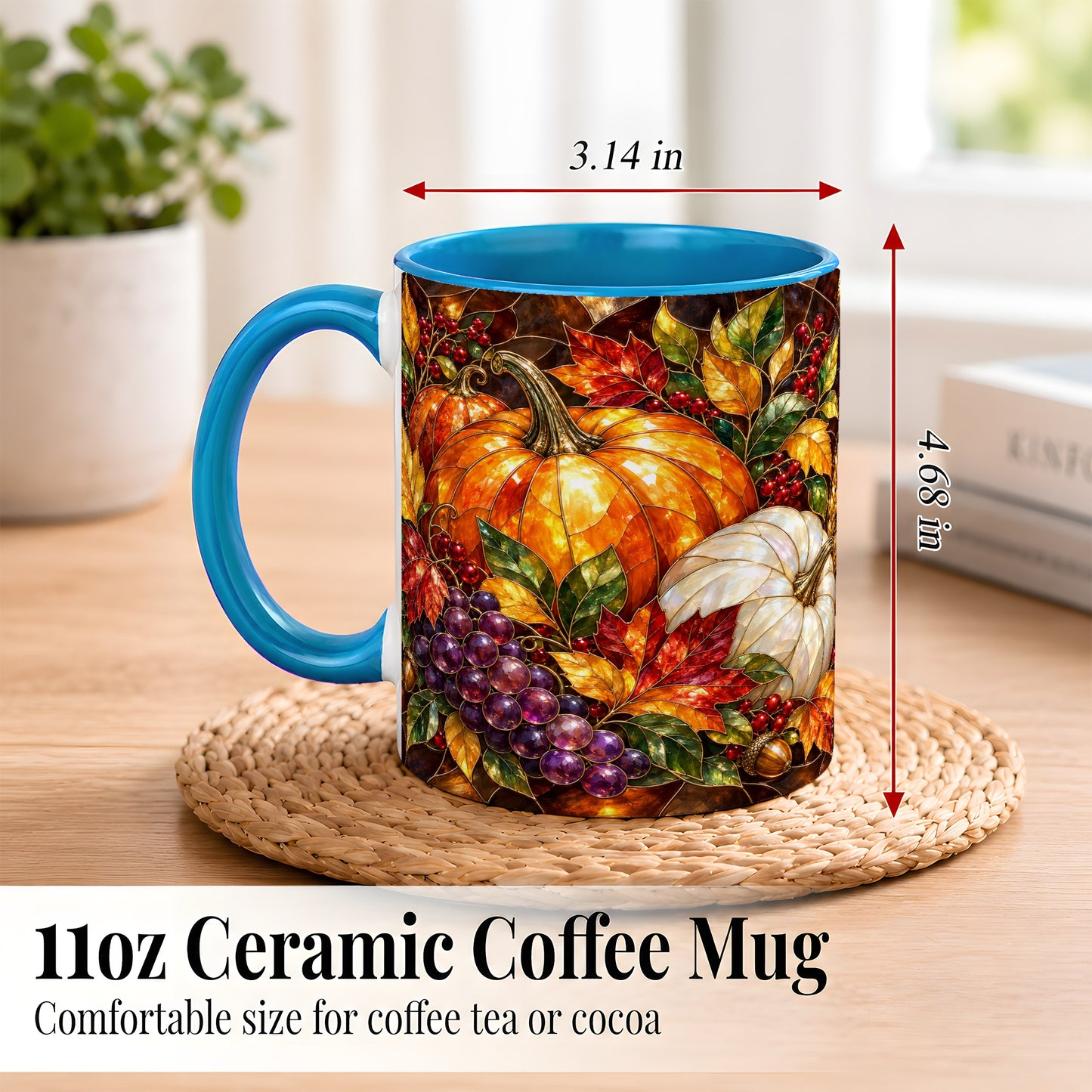 #pl[11oz|Blue] Stained Glass Style Pumpkin Coffee Mug, Autumn Harvest Mug, Ceramic Cup