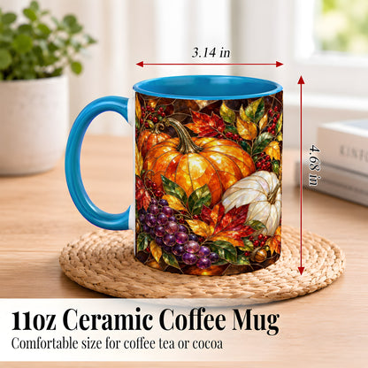 #pl[11oz|Blue] Stained Glass Style Pumpkin Coffee Mug, Autumn Harvest Mug, Ceramic Cup