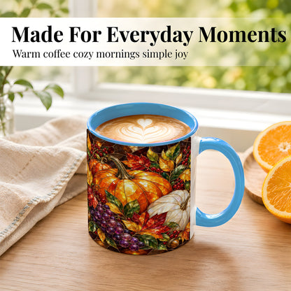 #pl[11oz|Blue] Stained Glass Style Pumpkin Coffee Mug, Autumn Harvest Mug, Ceramic Cup