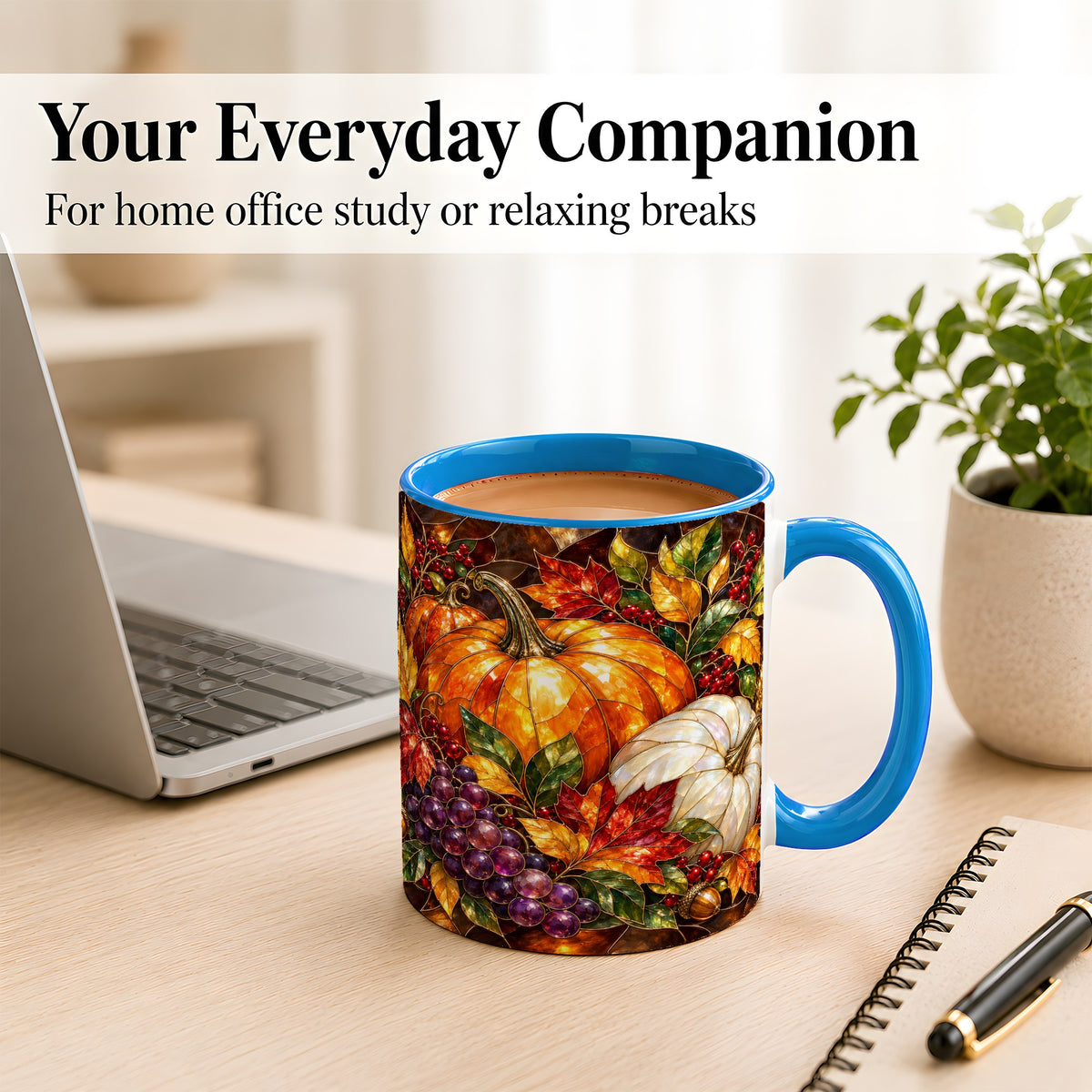 #pl[11oz|Blue] Stained Glass Style Pumpkin Coffee Mug, Autumn Harvest Mug, Ceramic Cup