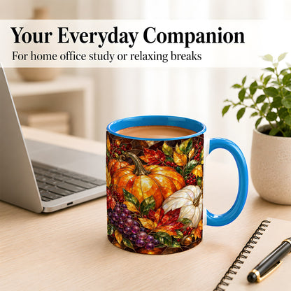 #pl[11oz|Blue] Stained Glass Style Pumpkin Coffee Mug, Autumn Harvest Mug, Ceramic Cup