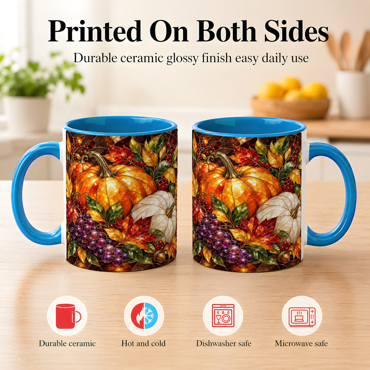 #pl[11oz|Blue] Stained Glass Style Pumpkin Coffee Mug, Autumn Harvest Mug, Ceramic Cup