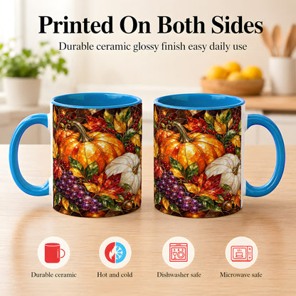 #pl[11oz|Blue] Stained Glass Style Pumpkin Coffee Mug, Autumn Harvest Mug, Ceramic Cup