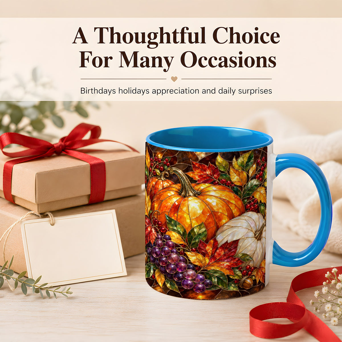#pl[11oz|Blue] Stained Glass Style Pumpkin Coffee Mug, Autumn Harvest Mug, Ceramic Cup