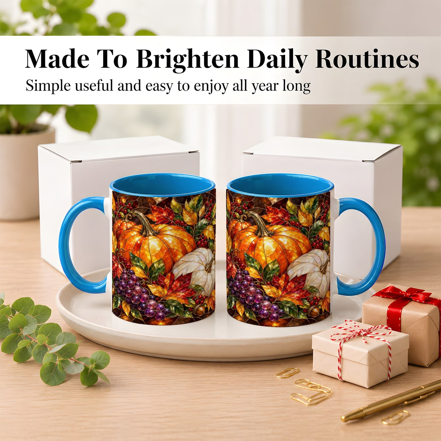 #pl[11oz|Blue] Stained Glass Style Pumpkin Coffee Mug, Autumn Harvest Mug, Ceramic Cup