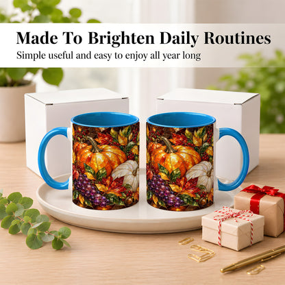 #pl[11oz|Blue] Stained Glass Style Pumpkin Coffee Mug, Autumn Harvest Mug, Ceramic Cup