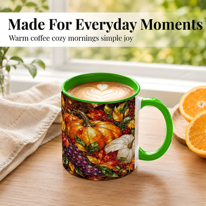 #pl[11oz|Green] Stained Glass Style Pumpkin Coffee Mug, Autumn Harvest Mug, Ceramic Cup