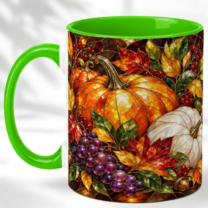 #pl[11oz|Green] Stained Glass Style Pumpkin Coffee Mug, Autumn Harvest Mug, Ceramic Cup