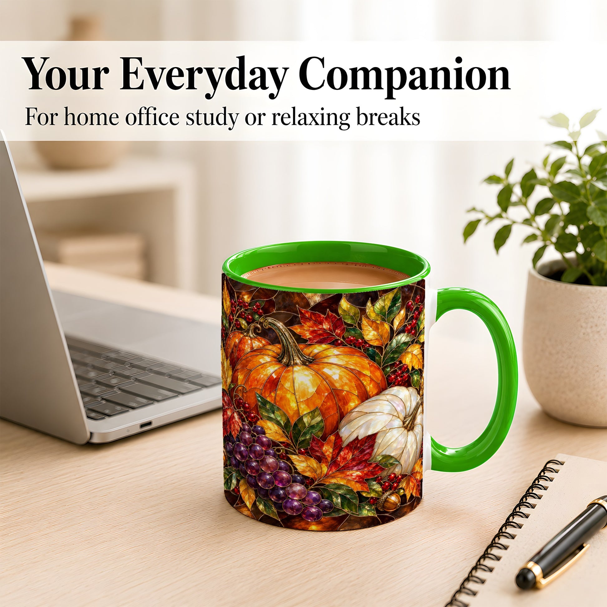 #pl[11oz|Green] Stained Glass Style Pumpkin Coffee Mug, Autumn Harvest Mug, Ceramic Cup