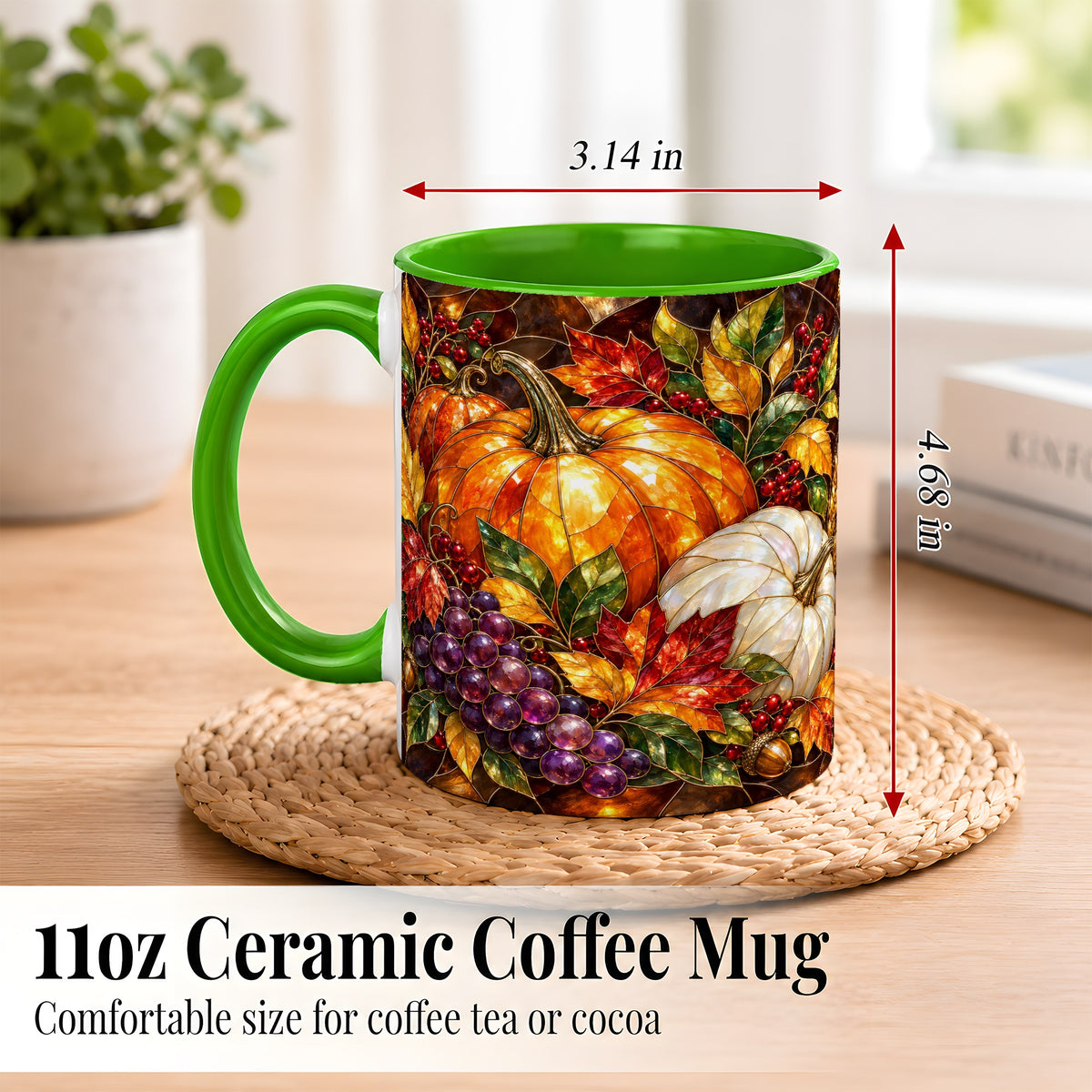 #pl[11oz|Green] Stained Glass Style Pumpkin Coffee Mug, Autumn Harvest Mug, Ceramic Cup