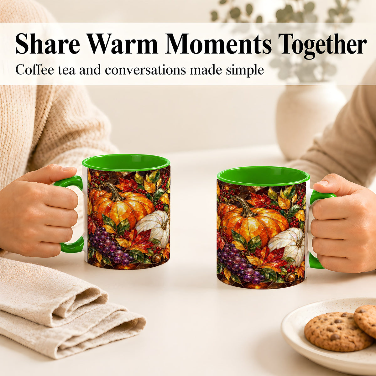 #pl[11oz|Green] Stained Glass Style Pumpkin Coffee Mug, Autumn Harvest Mug, Ceramic Cup