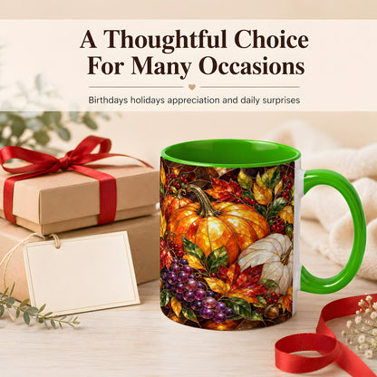 #pl[11oz|Green] Stained Glass Style Pumpkin Coffee Mug, Autumn Harvest Mug, Ceramic Cup