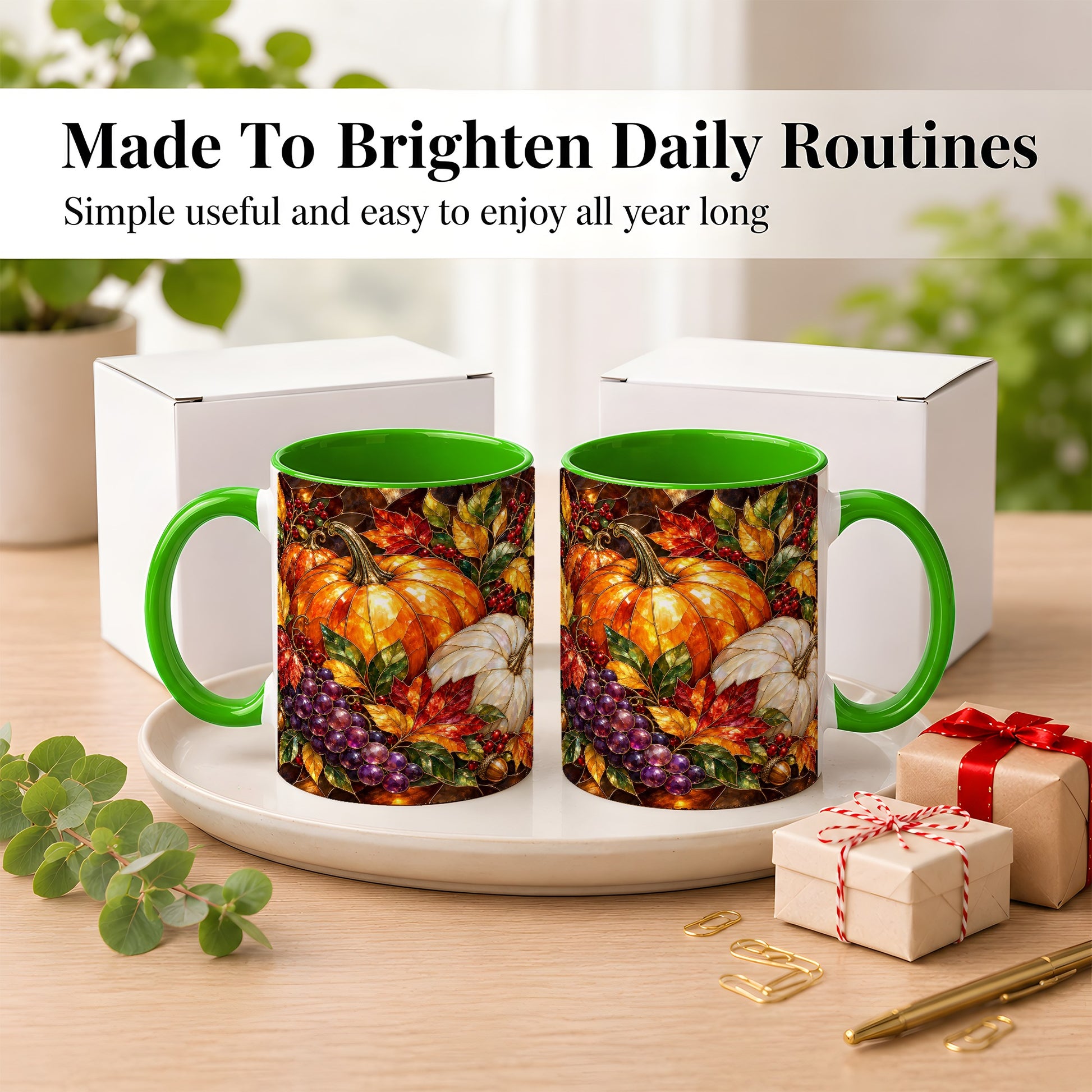 #pl[11oz|Green] Stained Glass Style Pumpkin Coffee Mug, Autumn Harvest Mug, Ceramic Cup