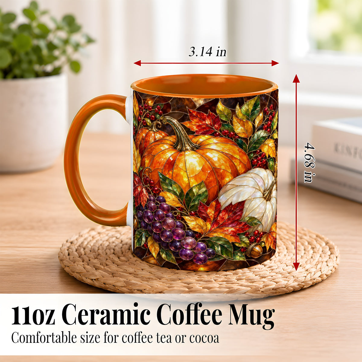 #pl[11oz|Orange] Stained Glass Style Pumpkin Coffee Mug, Autumn Harvest Mug, Ceramic Cup