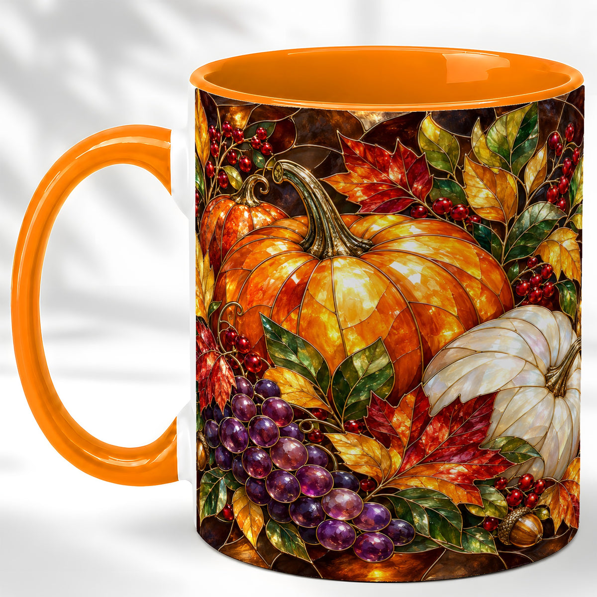 #pl[11oz|Orange] Stained Glass Style Pumpkin Coffee Mug, Autumn Harvest Mug, Ceramic Cup