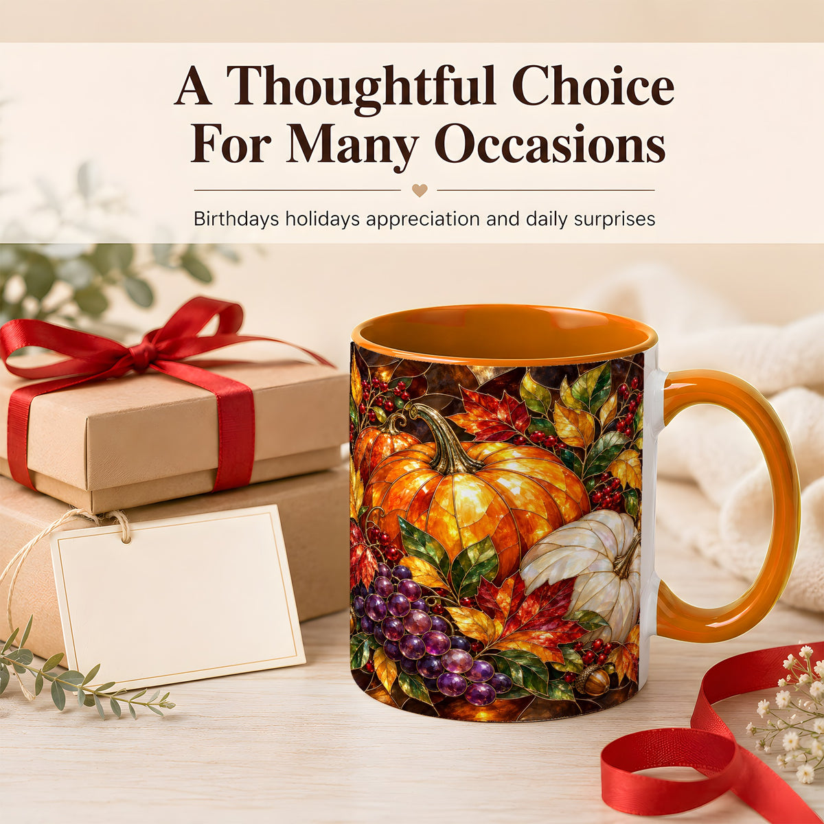 #pl[11oz|Orange] Stained Glass Style Pumpkin Coffee Mug, Autumn Harvest Mug, Ceramic Cup