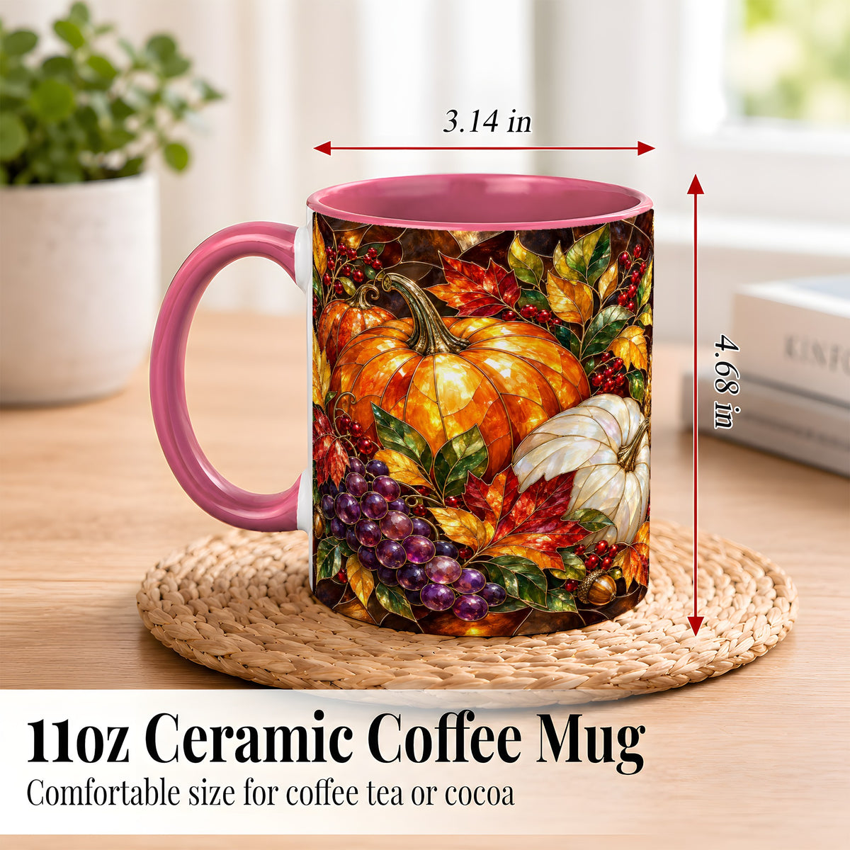 #pl[11oz|Pink] Stained Glass Style Pumpkin Coffee Mug, Autumn Harvest Mug, Ceramic Cup