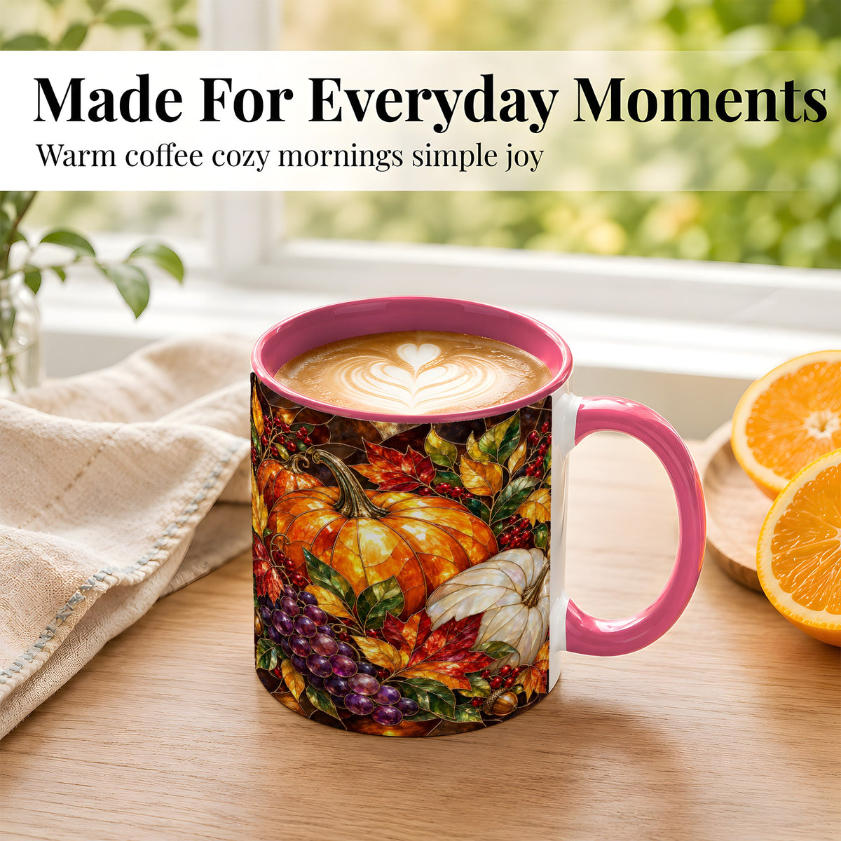 #pl[11oz|Pink] Stained Glass Style Pumpkin Coffee Mug, Autumn Harvest Mug, Ceramic Cup