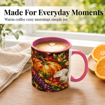 #pl[11oz|Pink] Stained Glass Style Pumpkin Coffee Mug, Autumn Harvest Mug, Ceramic Cup