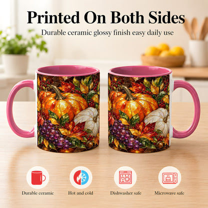 #pl[11oz|Pink] Stained Glass Style Pumpkin Coffee Mug, Autumn Harvest Mug, Ceramic Cup