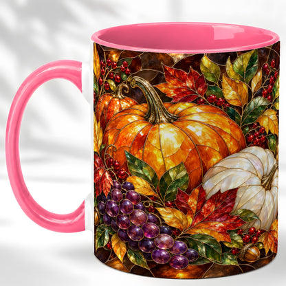 #pl[11oz|Pink] Stained Glass Style Pumpkin Coffee Mug, Autumn Harvest Mug, Ceramic Cup