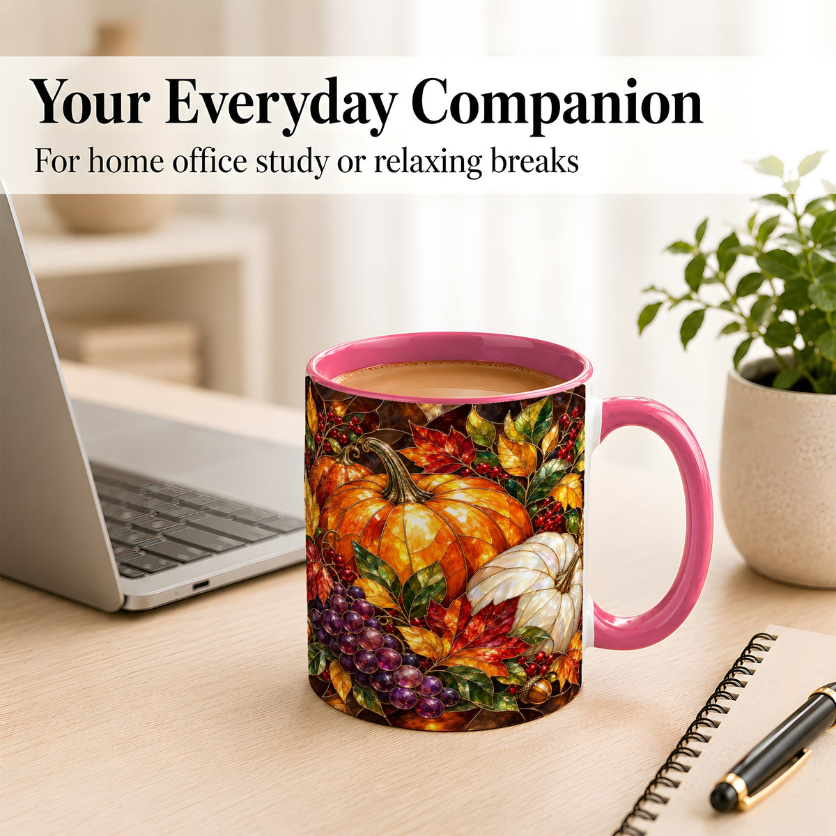 #pl[11oz|Pink] Stained Glass Style Pumpkin Coffee Mug, Autumn Harvest Mug, Ceramic Cup