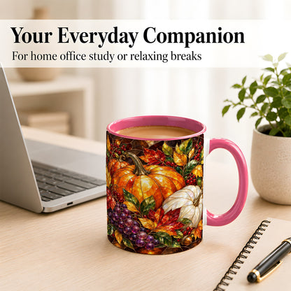 #pl[11oz|Pink] Stained Glass Style Pumpkin Coffee Mug, Autumn Harvest Mug, Ceramic Cup