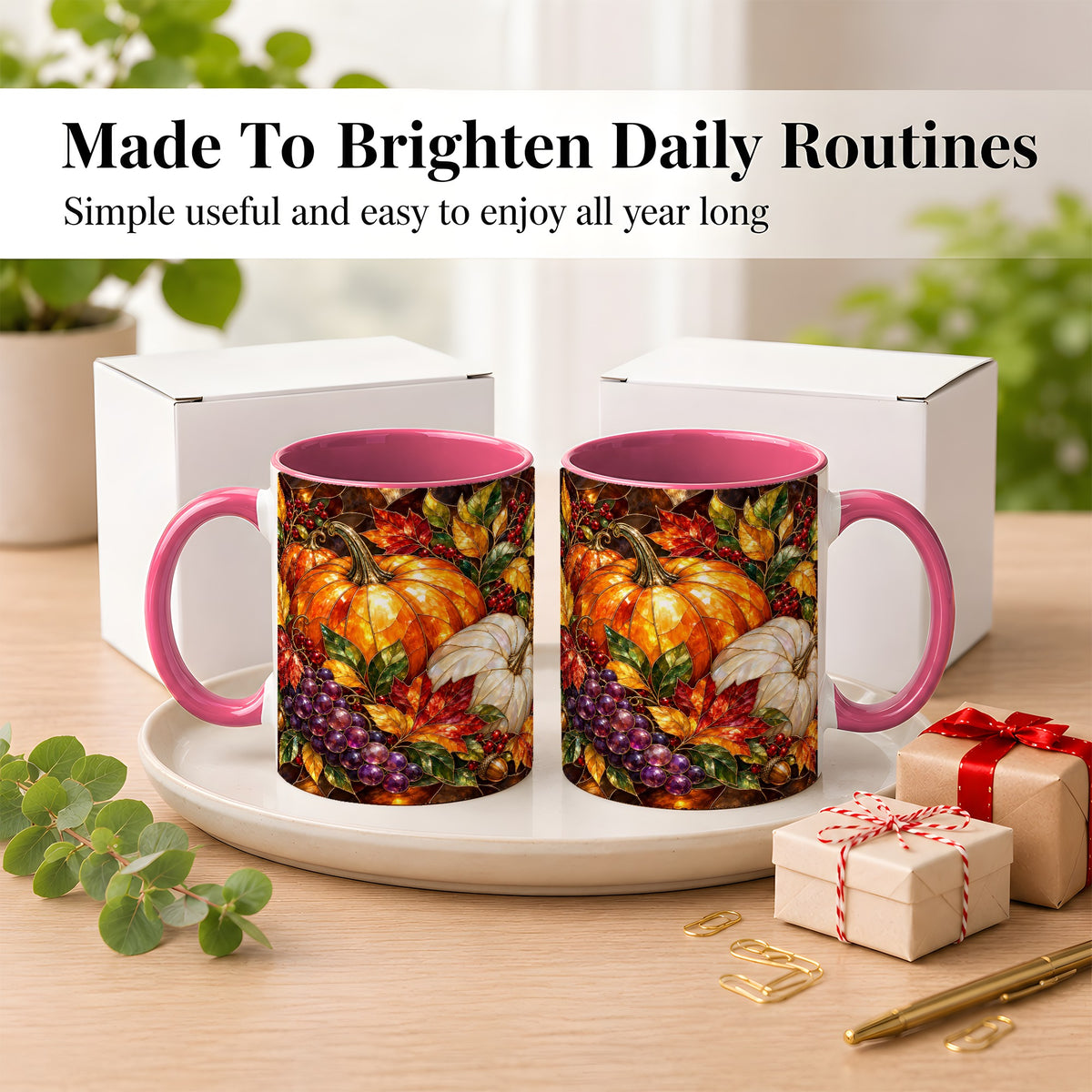 #pl[11oz|Pink] Stained Glass Style Pumpkin Coffee Mug, Autumn Harvest Mug, Ceramic Cup