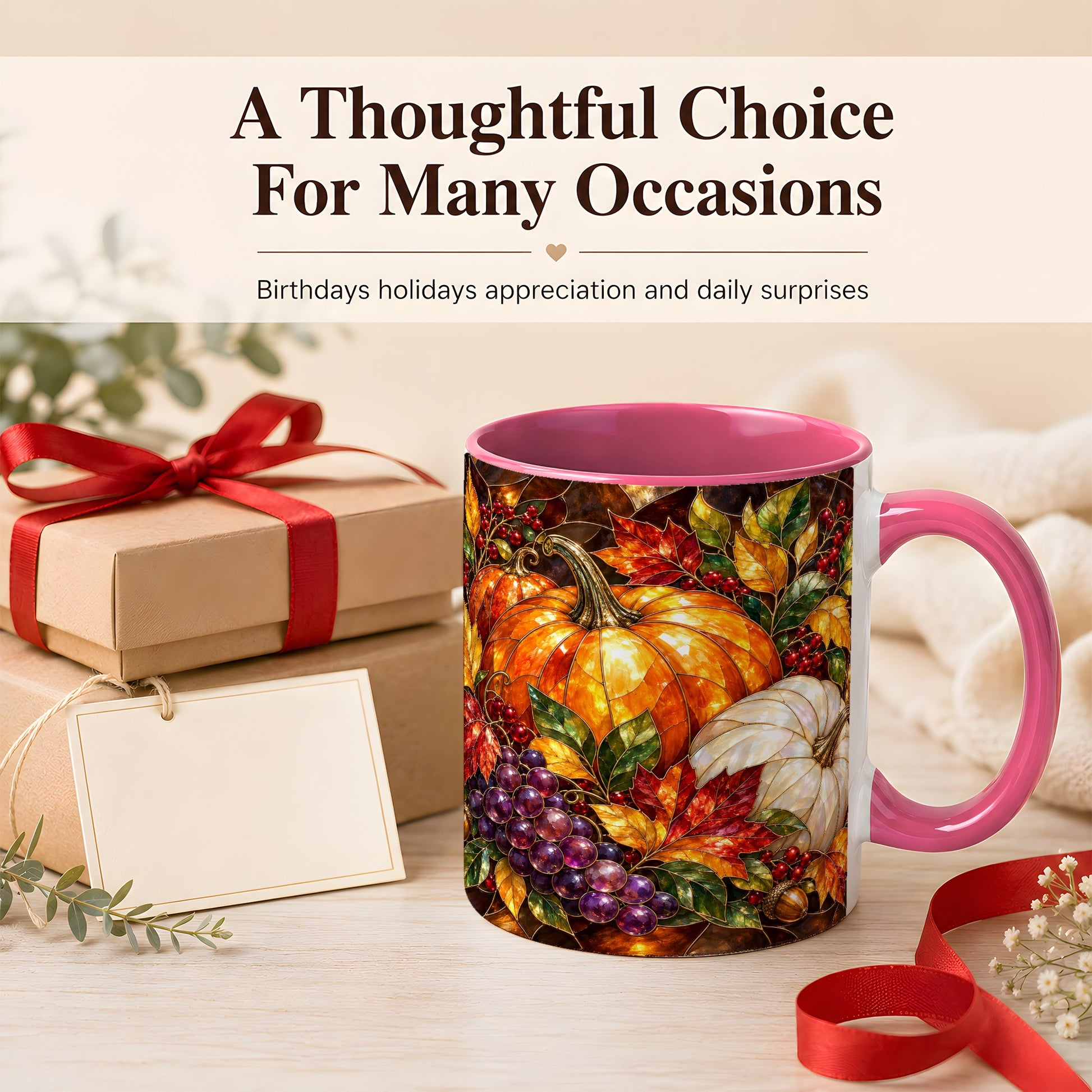#pl[11oz|Pink] Stained Glass Style Pumpkin Coffee Mug, Autumn Harvest Mug, Ceramic Cup