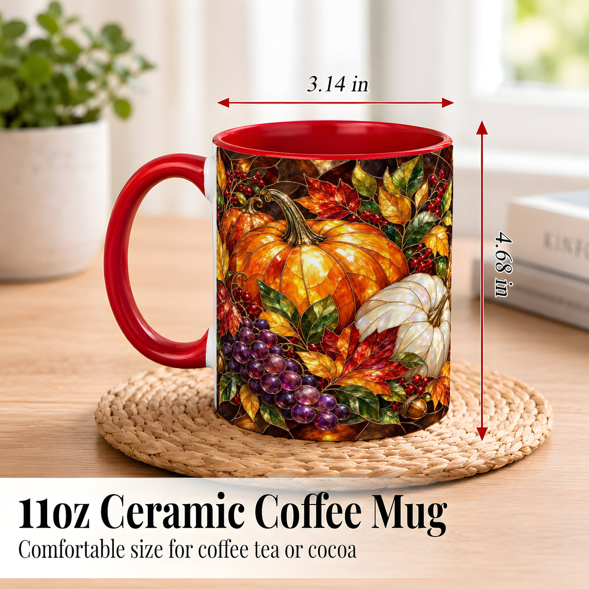 #pl[11oz|Red] Stained Glass Style Pumpkin Coffee Mug, Autumn Harvest Mug, Ceramic Cup