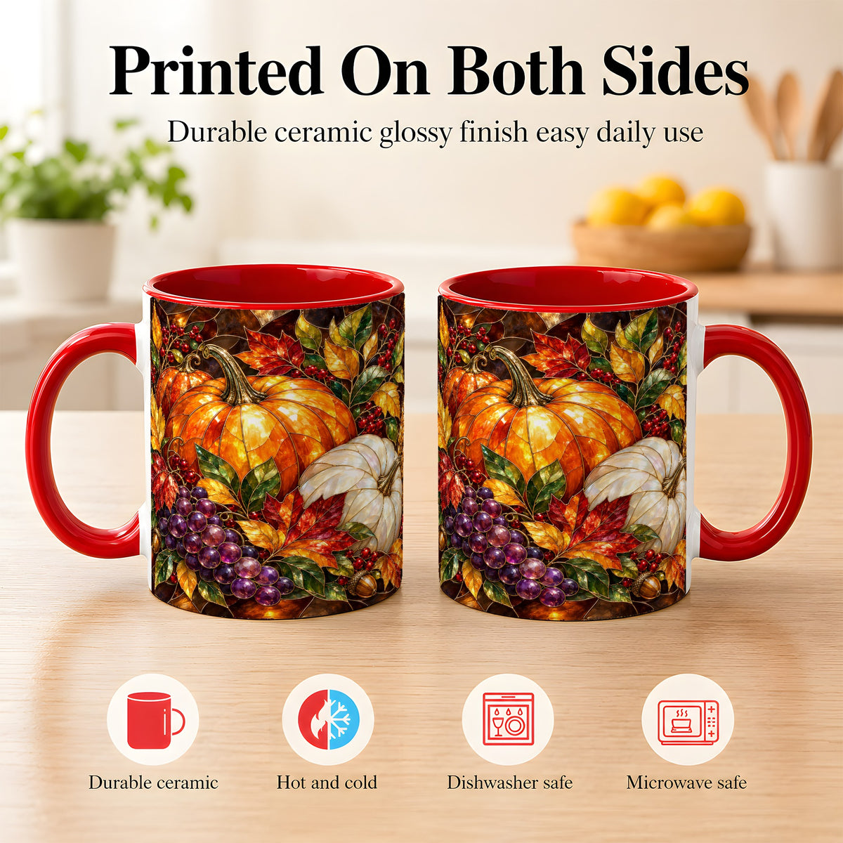 #pl[11oz|Red] Stained Glass Style Pumpkin Coffee Mug, Autumn Harvest Mug, Ceramic Cup