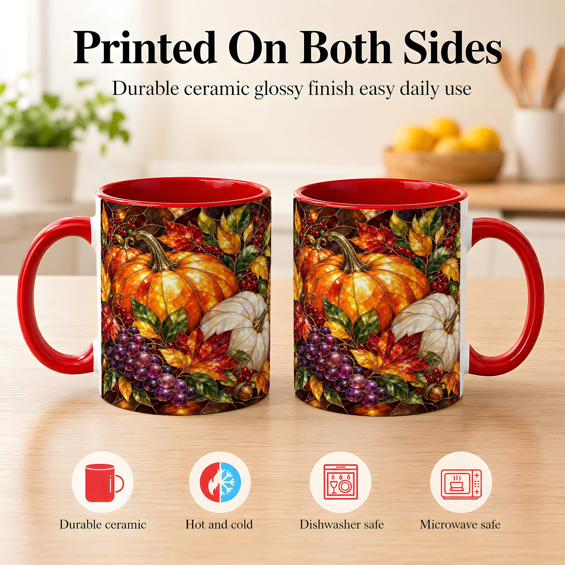 #pl[11oz|Red] Stained Glass Style Pumpkin Coffee Mug, Autumn Harvest Mug, Ceramic Cup