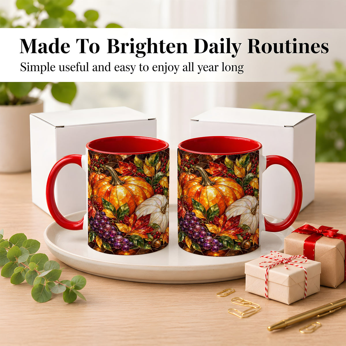 #pl[11oz|Red] Stained Glass Style Pumpkin Coffee Mug, Autumn Harvest Mug, Ceramic Cup