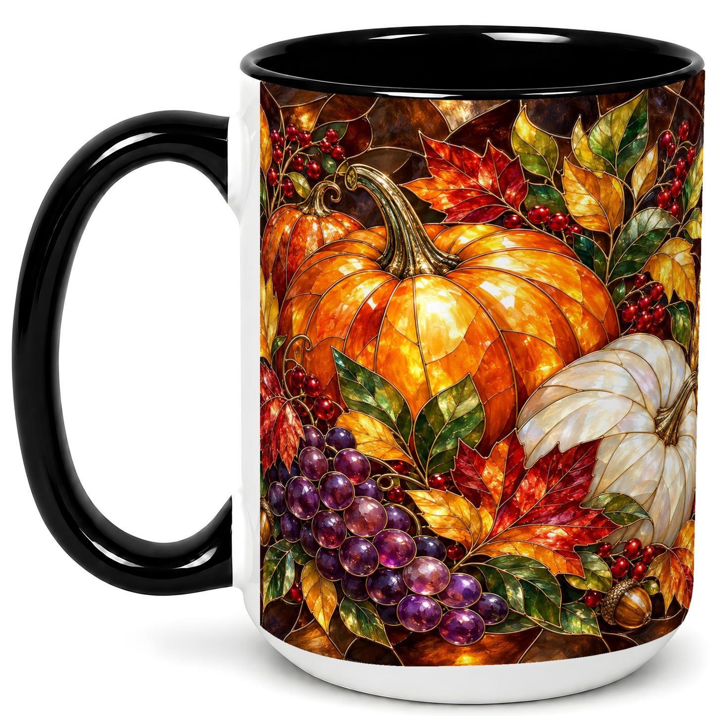 #pl[15oz|Black] Stained Glass Style Pumpkin Coffee Mug, Autumn Harvest Mug, Ceramic Cup